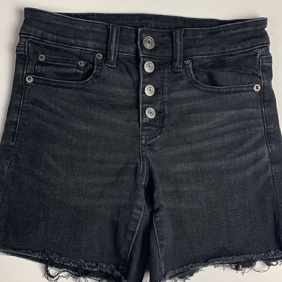 AMERICAN EAGLE black Denim shorts 2 midi next leve stretch Distressed button fly - Picture 2 of 8